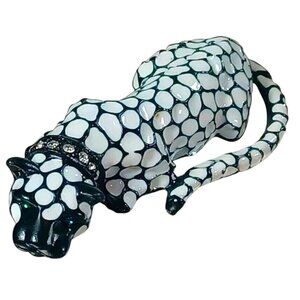 Vintage Cloisonne Style Siamese Cat Brooch Pin Black White Crystals Gree…